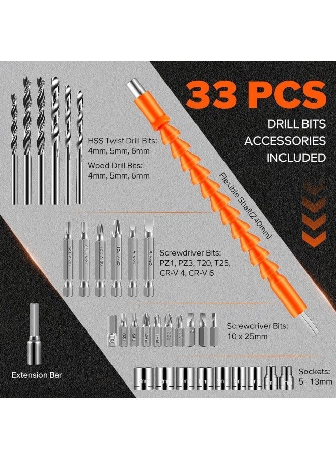 ALongDeng 48V Cordless Drill Set Power Drill Kit with 2 Pcs Battery 25 Position 2 Variable Speed 3/8'' Keyless Chuck Fast Charger and 33 Pcs Accessories with Case - Image 2